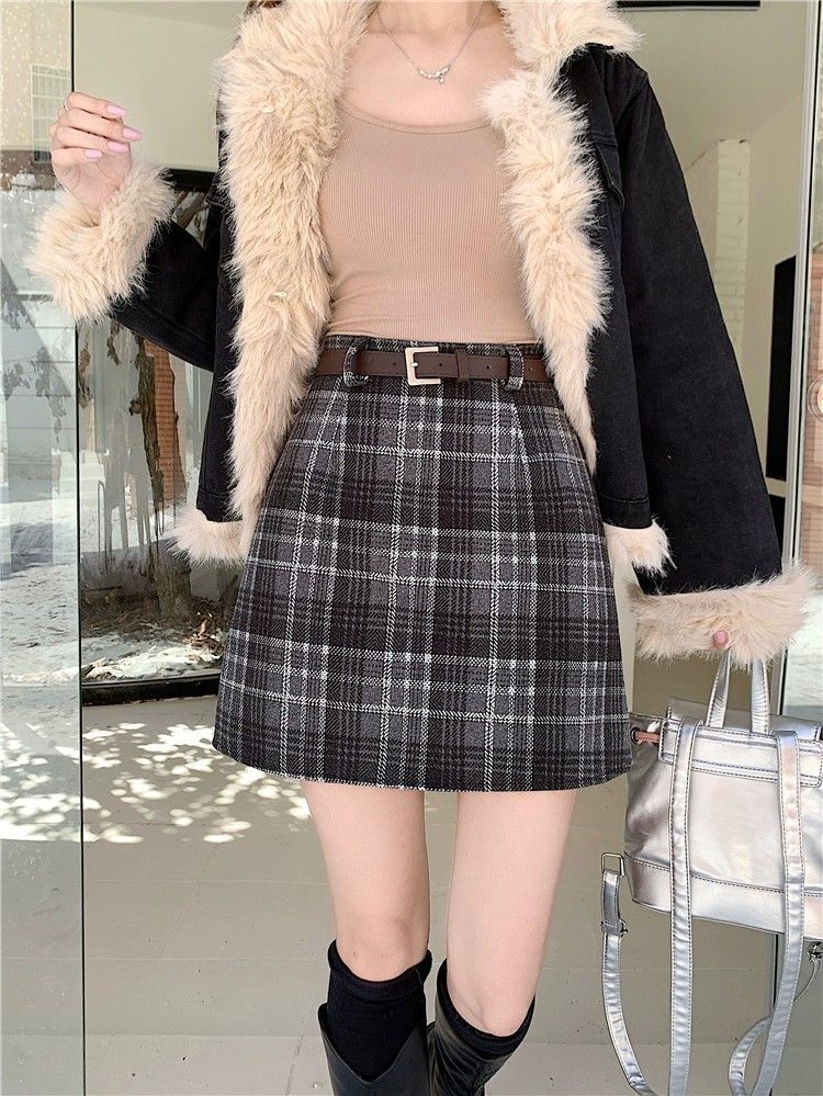 复古格子毛呢半身裙女秋冬款气质遮肚子咖色a字裙学院风时尚短裙详情17