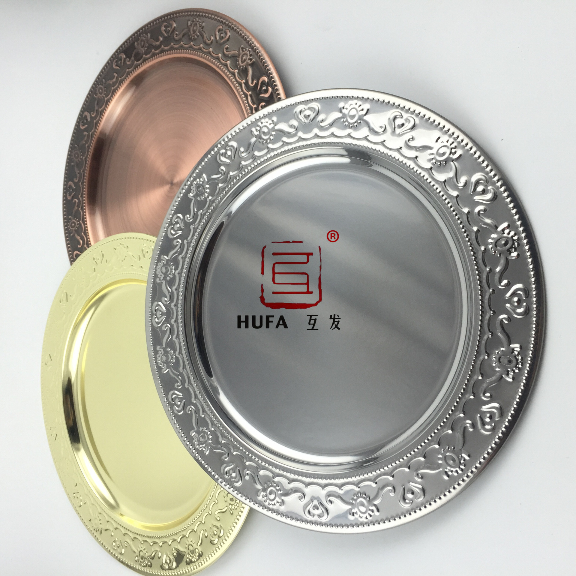 Factory wholesale stainless steel dinner plates, round plates with diamonds, process plates, electroplated fruit plates and display plates pic 15