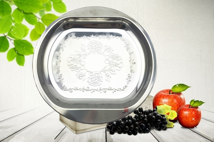 Stainless steel square and round plate, exquisite embossed round plate, embossed electroplated fruit plate, square inside and round outside pic 3