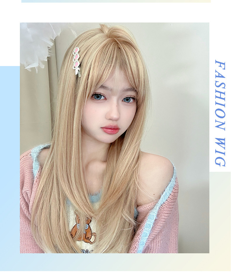 This is the same sweet and cute white gold natural long straight hair bangs JK full head set as the long-haired female Internet celebrity Lisa pic 10