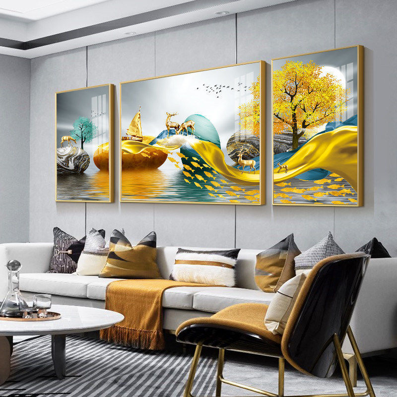 The living room is decorated with a three-panel painting, the bedroom has a sofa background, wall paintings, light luxury room hanging paintings, crystal porcelain paintings, and Nordic murals pic 7