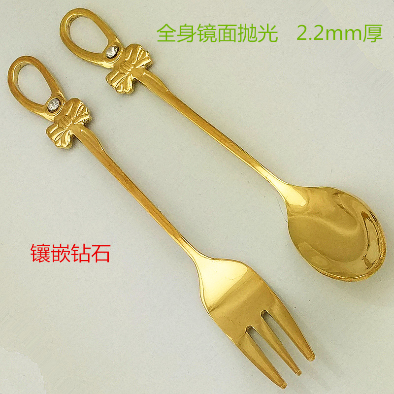Fashionable bow coffee spoon and fork set, diamond-encrusted stainless steel mirror-polished gold dessert spoon, 3-finger fork, 80 pic 28