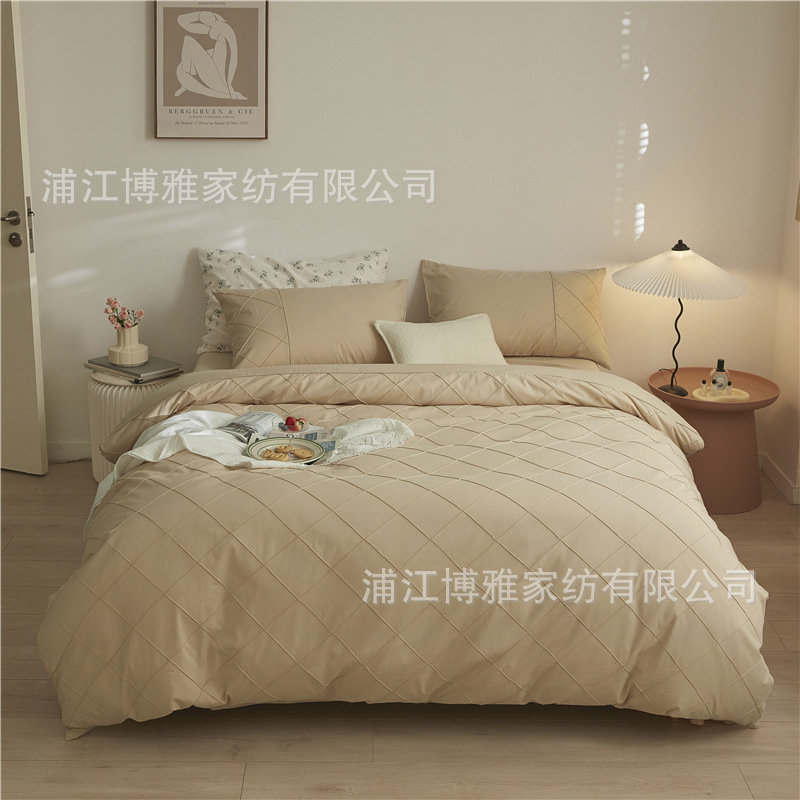 Wholesale of high-quality three or four-piece sets of washed cotton 40-count hand-knitted rhombus-shaped checkered plain pure cotton bedding pic 14