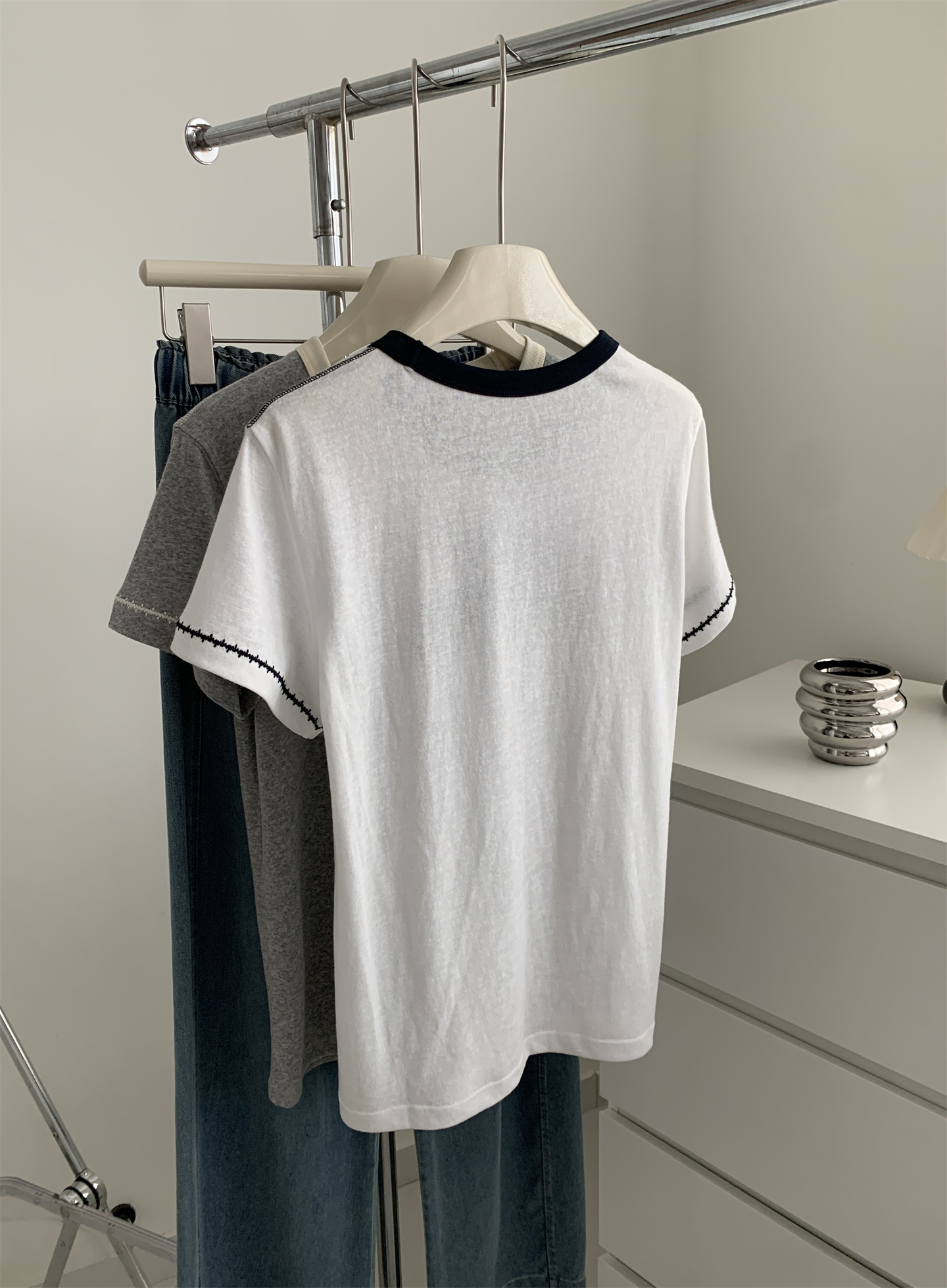 Summer thin, breathable snowflake cotton letter-shaped T-shirt for women, color-blocking round-neck lace embroidered loose short-sleeved top pic 24