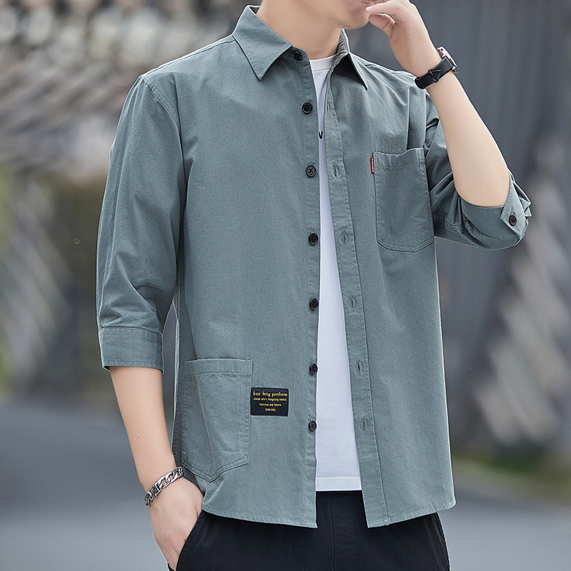 春季港风纯色工装衬衫男士七分袖帅气外套时尚休闲衬衣详情3