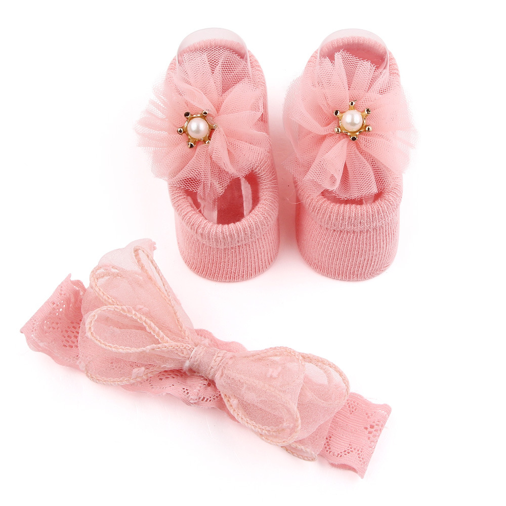 New solid color lace European and American baby socks Bow princess cute baby socks hair band set 2619 pic 3