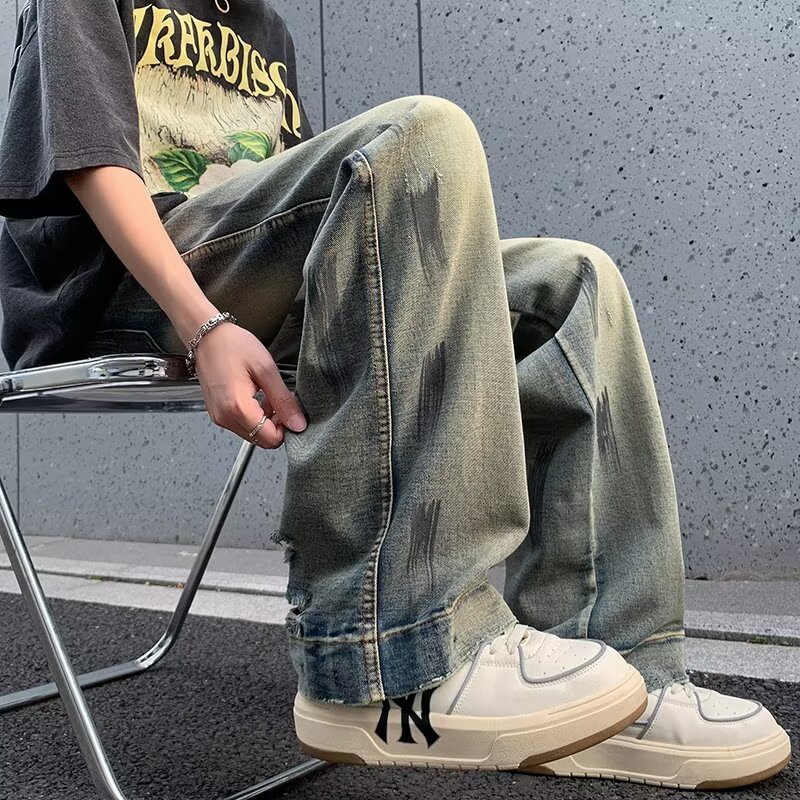 2024复古休闲做旧牛仔裤学生时尚百搭款垂感宽松阔腿拖地牛仔裤男详情11