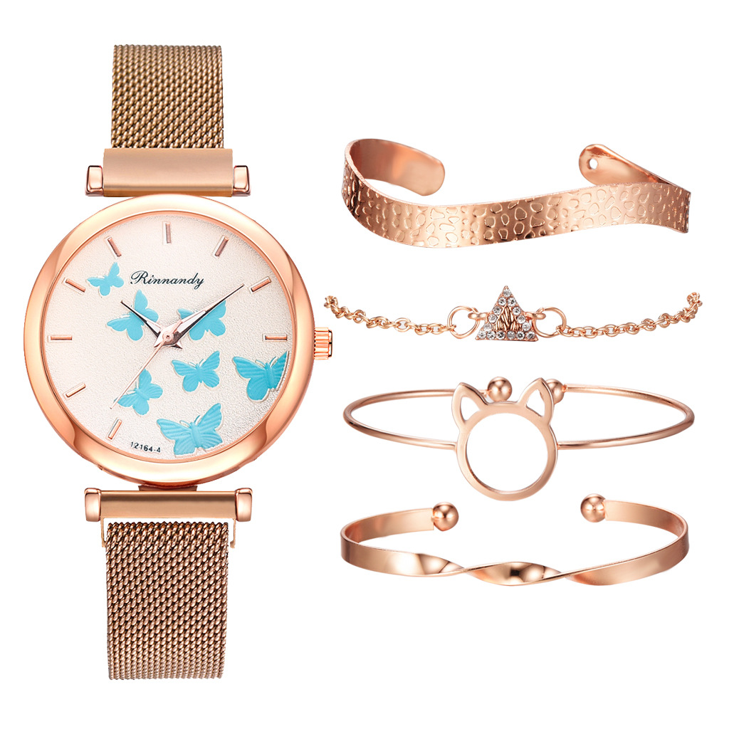 Christmas gift watch set: Women's alloy mesh strap butterfly dial quartz watch with magnetic buckle wristwatch pic 28