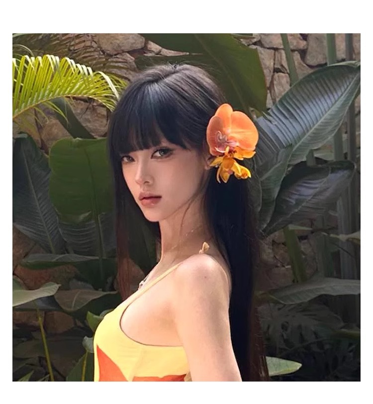 桔黄色蝴蝶兰头花发夹度假拍照氛围感头饰发卡超仙度假仿真花发饰详情21