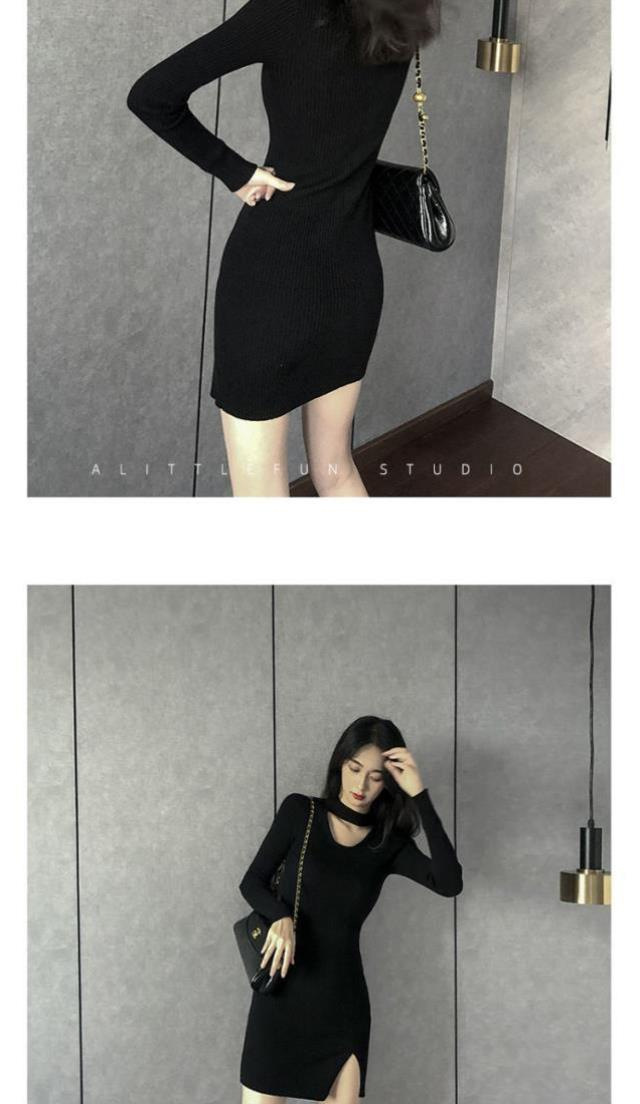 法式纯欲风性感开叉黑色针织连衣裙女秋冬设计感小众辣妹穿搭裙子详情6