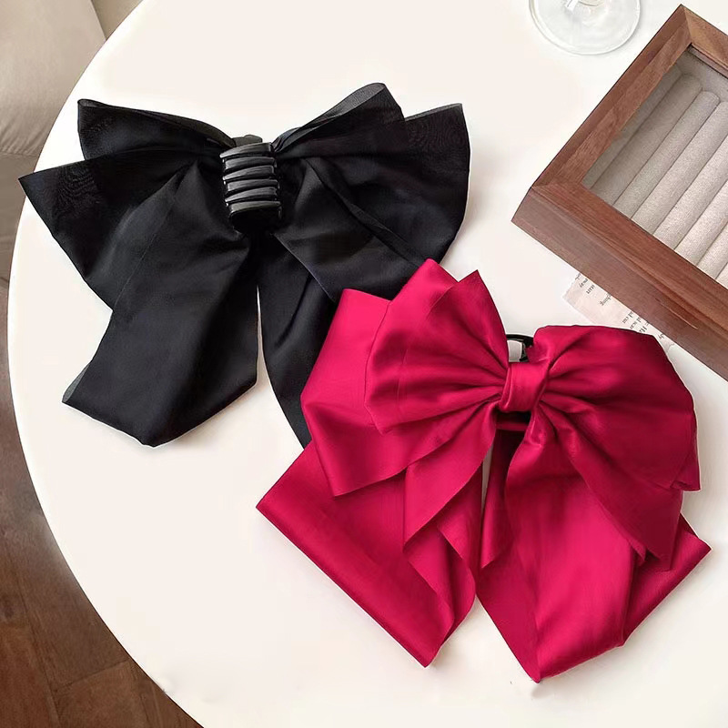 French-style black silk satin, extra-large bow ribbon hair clip, spring clip, back of the head, claw clip hair clip headwear pic 11