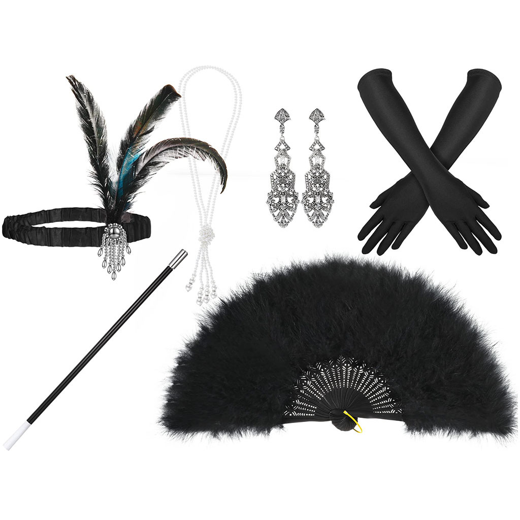 Gatsby Party Feather alloy headband, pearl necklace, cigarette stick glove set, retro Hepburn outfit accessories pic 17