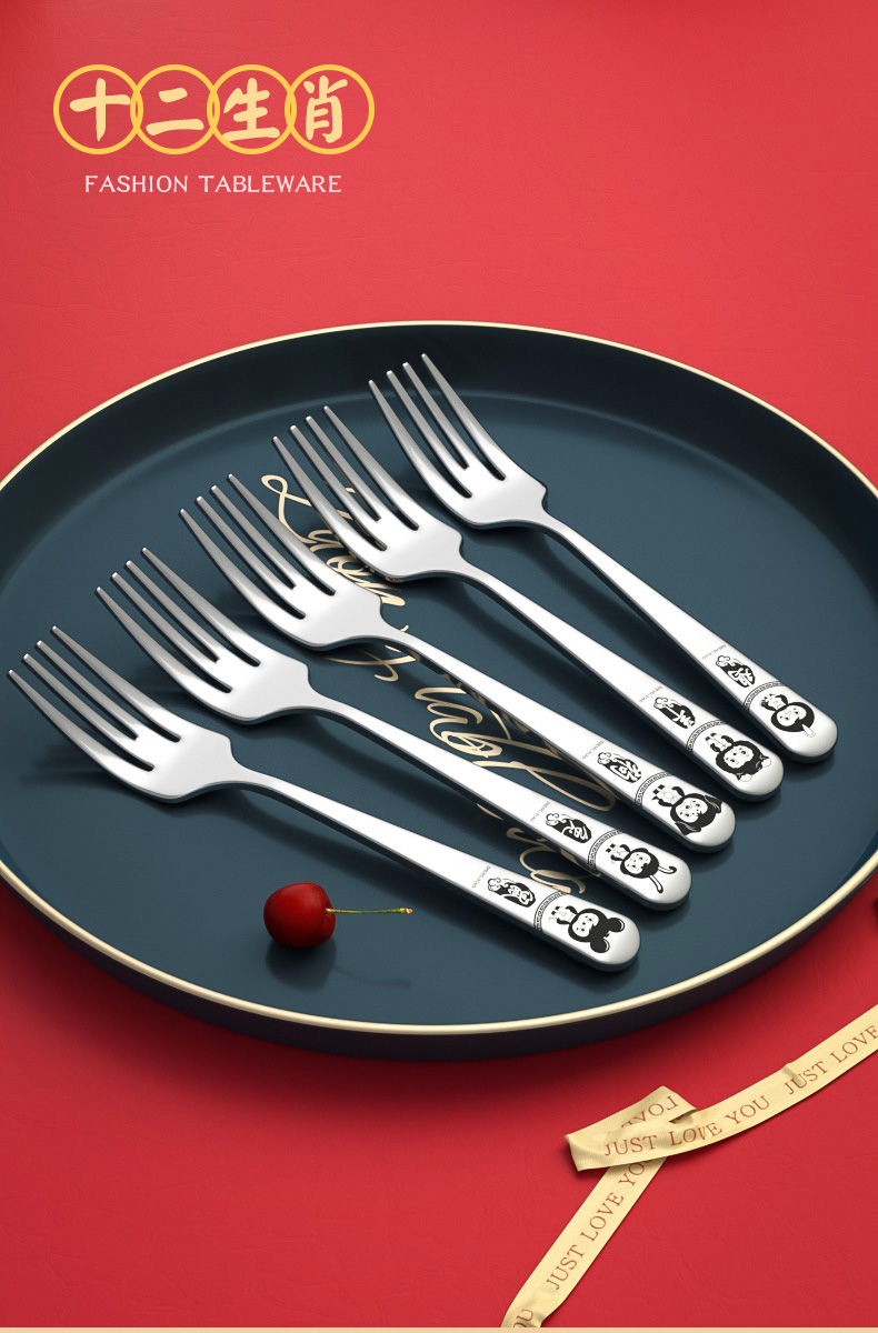 RP4T批发304不锈钢叉子家用主餐叉成人西餐具生肖学生水果叉沙拉详情23