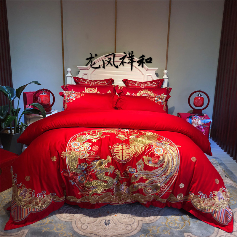 新款100s高档纯棉婚庆四件套长绒棉重工刺绣大红色床上结婚多件套详情15