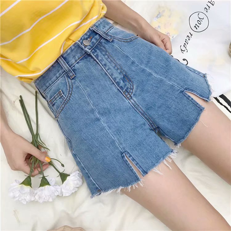 New Korean-style loose student high-waisted chic pants, hot pants with frayed edges and slit denim shorts for women pic 1
