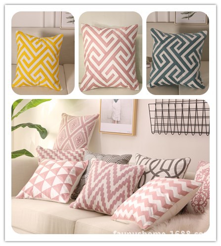 北欧简约几何线条沙发抱枕办公室棉麻刺绣靠垫外销亚马逊枕套详情11