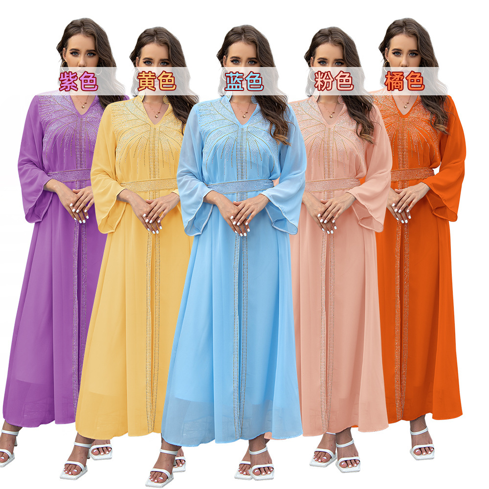XQY500090 Foreign trade Arab robe, Middle East kaftan fashion Hot diamond belted chiffon dress pic 11