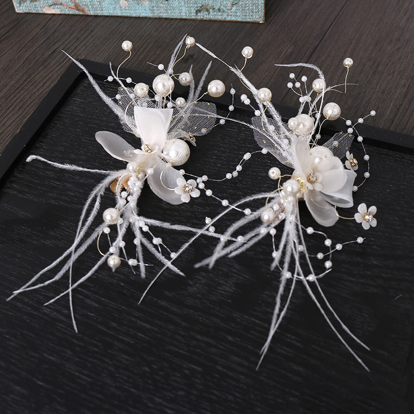 New hair clip headwear, feather super fairy pair clip, handcrafted high-gloss pearl hair accessory, European and American fashion trend hair accessory pic 11