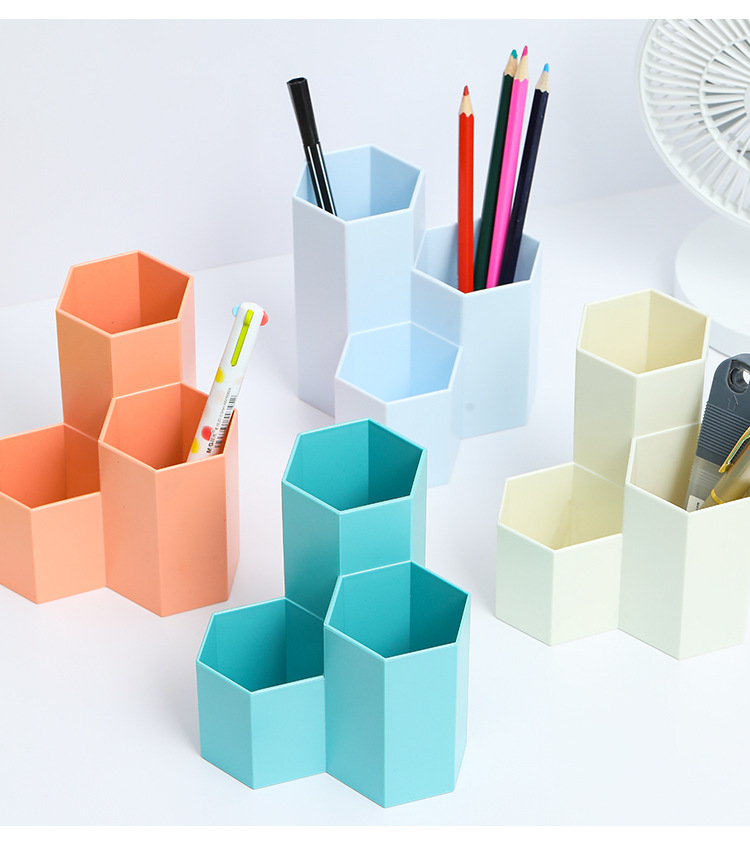 An ins minimalist hexagonal creative pen holder for dormitory and office stationery desktop storage, a student storage box decoration pic 9