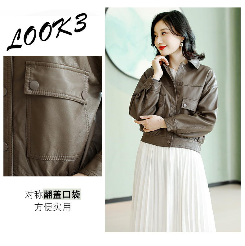 纯色单排扣PU皮衣女2022年春秋新款时尚韩版翻领长袖机车服外套详情7
