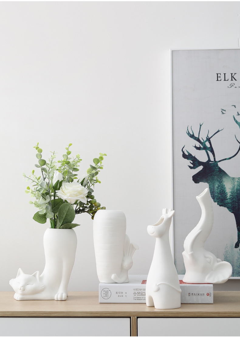 白色陶瓷花瓶简约家居装饰品素烧干花插器创意动物花瓶工艺品摆件详情7