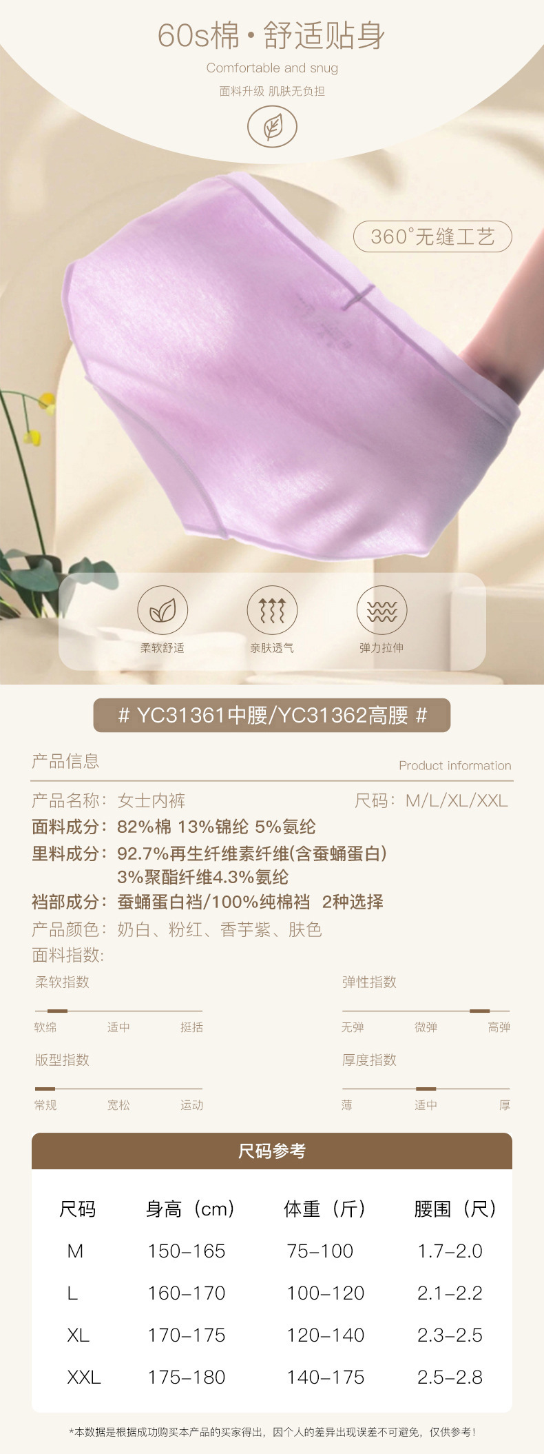 女士纯棉内裤无缝60支长绒棉7a抑菌全棉女高腰无痕三角内裤春批发详情12