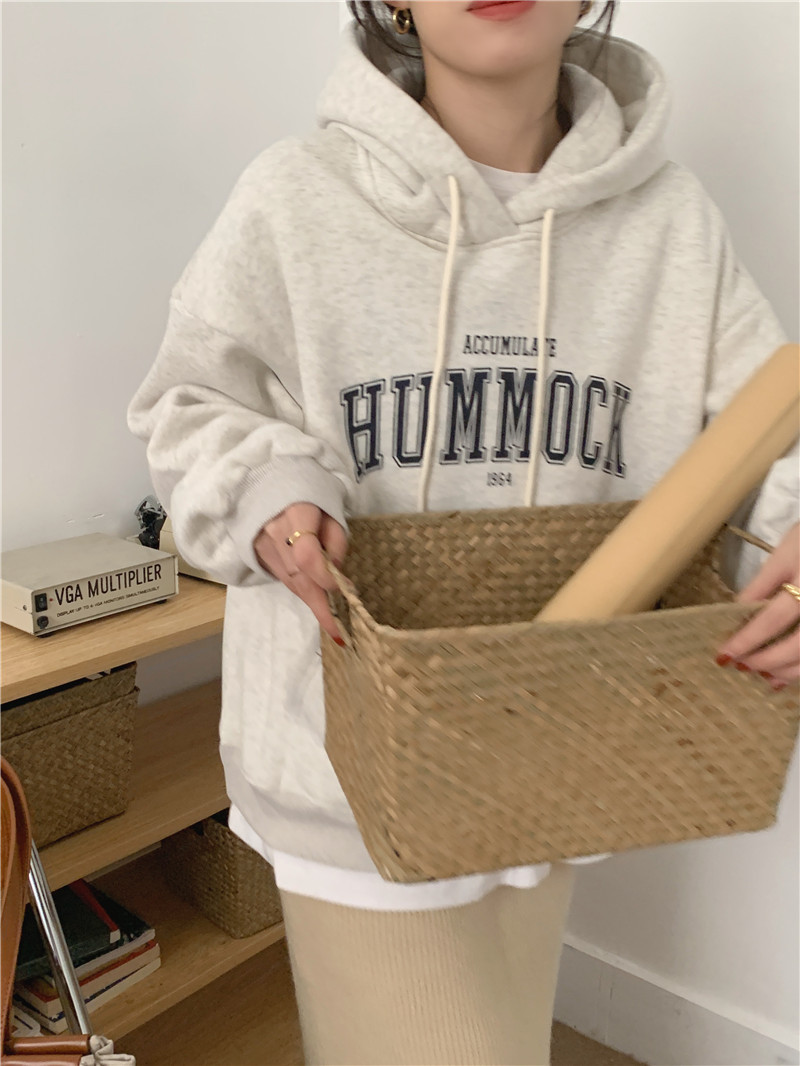 Letter-printed pullover with fleece hooded sweatshirt for women 2023 autumn/Winter new style Korean loose and versatile long-sleeved top pic 10