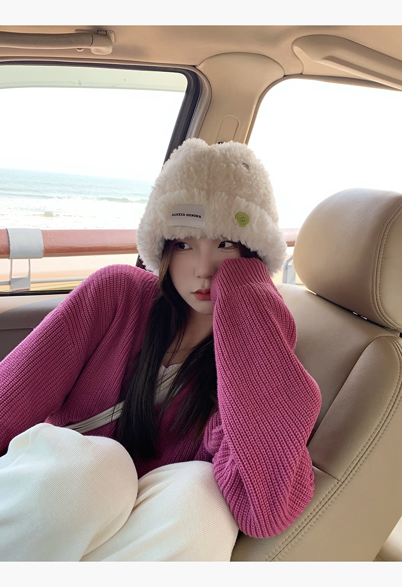 白鹿同款韩版纽扣仿皮草毛绒针织毛线帽女秋冬加厚保暖护耳渔夫帽详情6