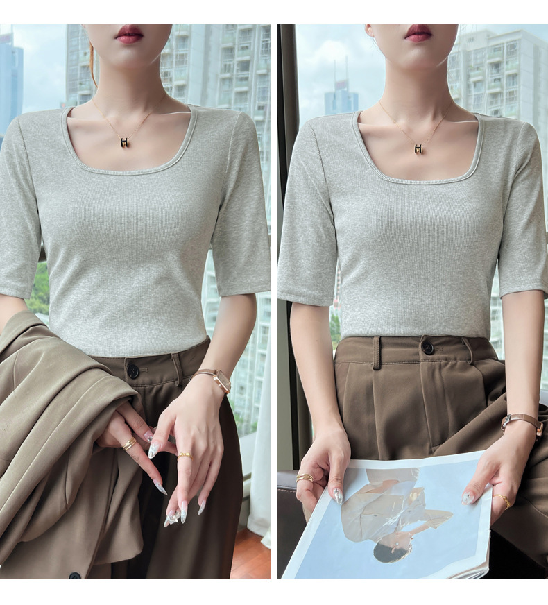 This 2023 autumn new slimming and elegant base layer T-shirt is versatile for daily use, fitted, simple and stylish, with a square neck and mid-sleeved shirt for women pic 14