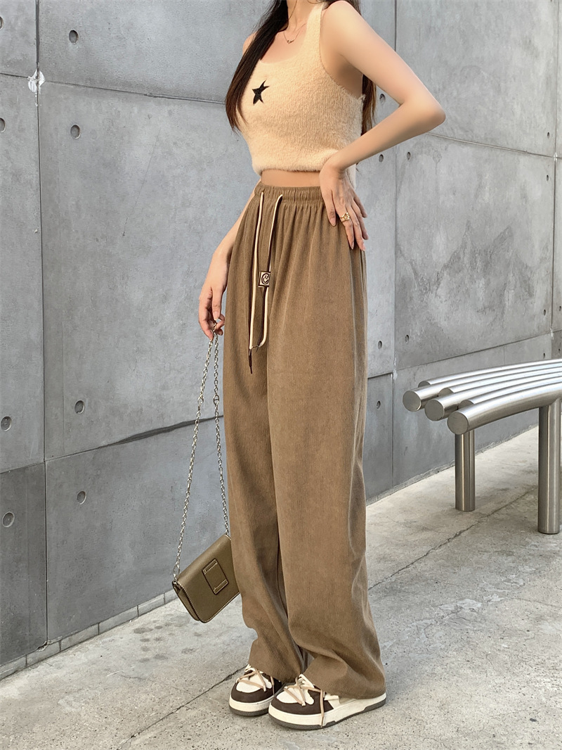 Corduroy ultra-fine corduroy wide-leg pants for women, new autumn style double drawstring smiling face belt casual pants, high-waisted straight-leg pants pic 3