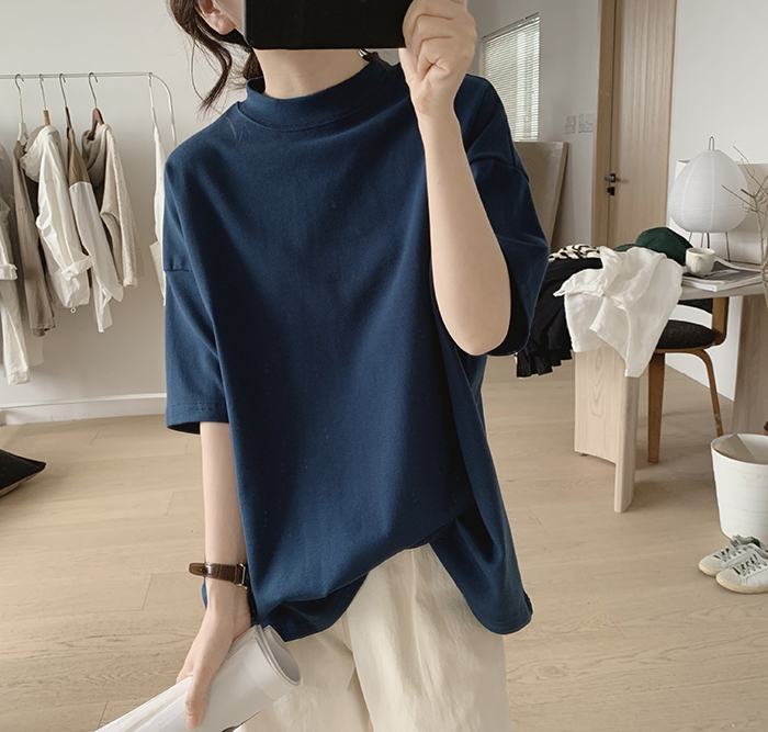 琪镌绘制半高领t恤女式春夏季新款宽松显瘦韩版简约半袖减龄棉质详情14