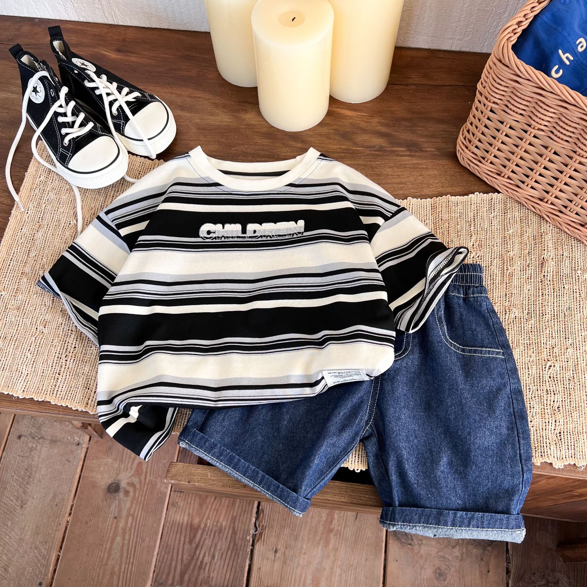 童装短袖2024夏季新款男童撞色混彩休闲条纹T恤儿童字母刺绣潮流T详情8