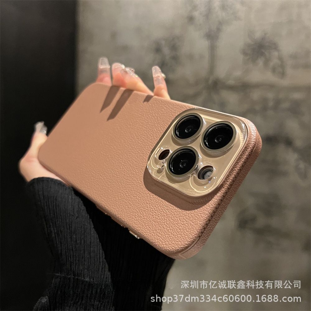 Lychee pattern solid color suitable for iPhone 15plus phone case iPhone14 Pro Max crystal lens film 13 matte pic 15