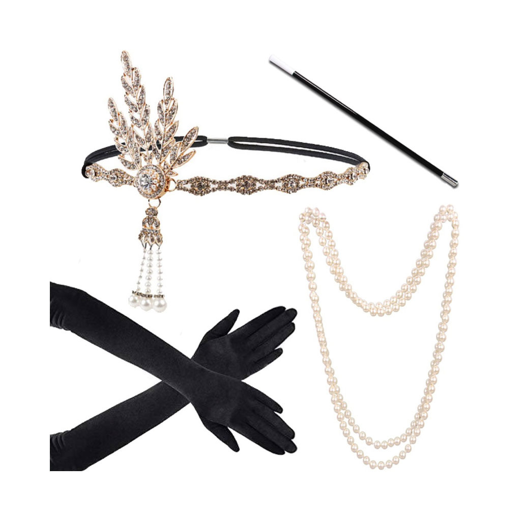 Gatsby Party Feather alloy headband, pearl necklace, cigarette stick glove set, retro Hepburn outfit accessories pic 11