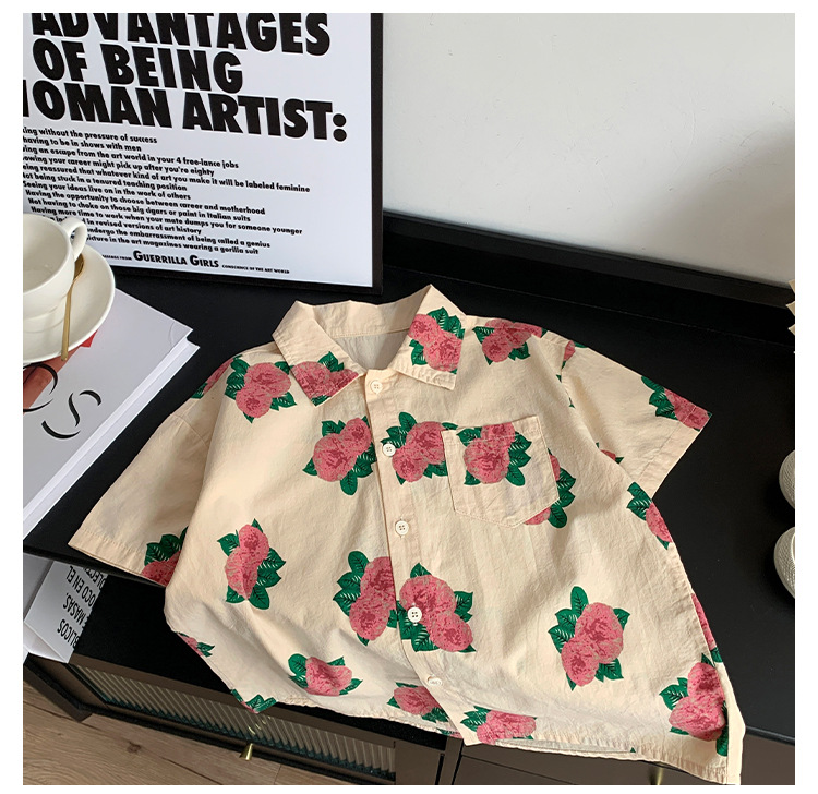 儿童衬衫2023童酷夏装韩版洋气宝宝上衣帅气玫瑰花满印男童衬衣潮详情10