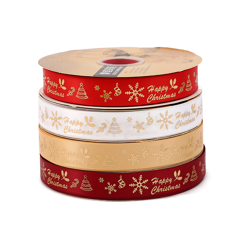 Dingxin 2.5CM Christmas ribbon in stock wholesale, gold-embossed snowflake DIY Christmas gift packaging color ribbon Polyester ribbon pic 14