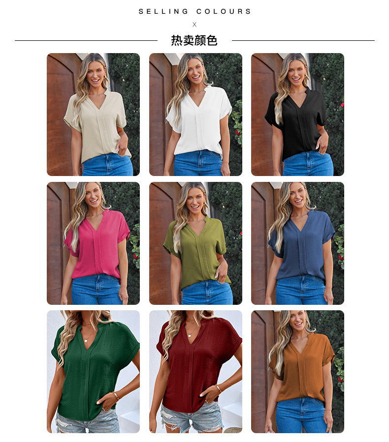 时颖夏季新款纯色V领短袖T恤女欧美时尚褶皱薄款透气套头衫女详情17