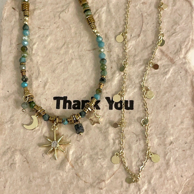 French retro star and moon necklace, fresh and colorful beaded collarbone chain, niche design, high-end neckchain for women pic 5