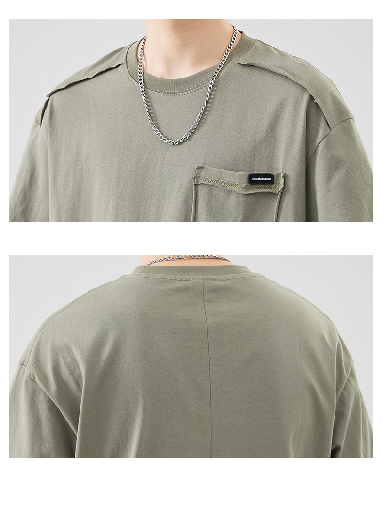 古川男装|日系复古拼接全棉短袖男士宽松大码简约纯色百搭体恤男详情17