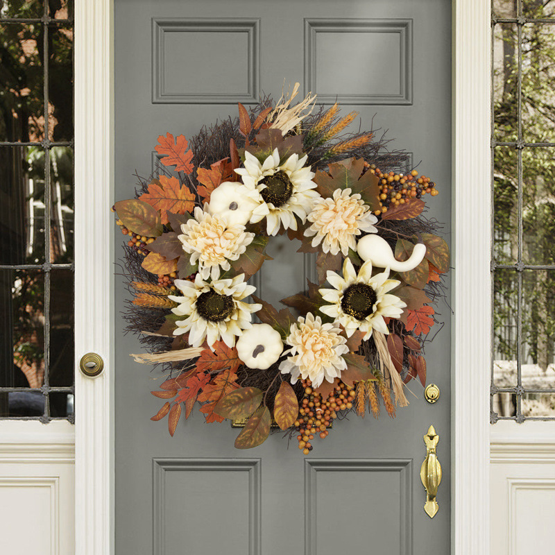 Cross-border autumn Thanksgiving white pumpkin wreath, Harvest Festival Sunflower Maple Leaf wreath decoration, door hanging ornaments pic 5