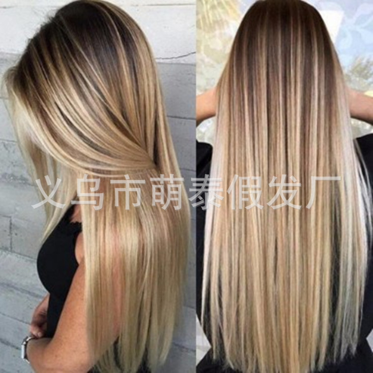 Cross-border exclusive supply of European and American fashionable chemical fiber wigs for women, high-temperature matte silk, golden gradient straight hair factory wholesale pic 1