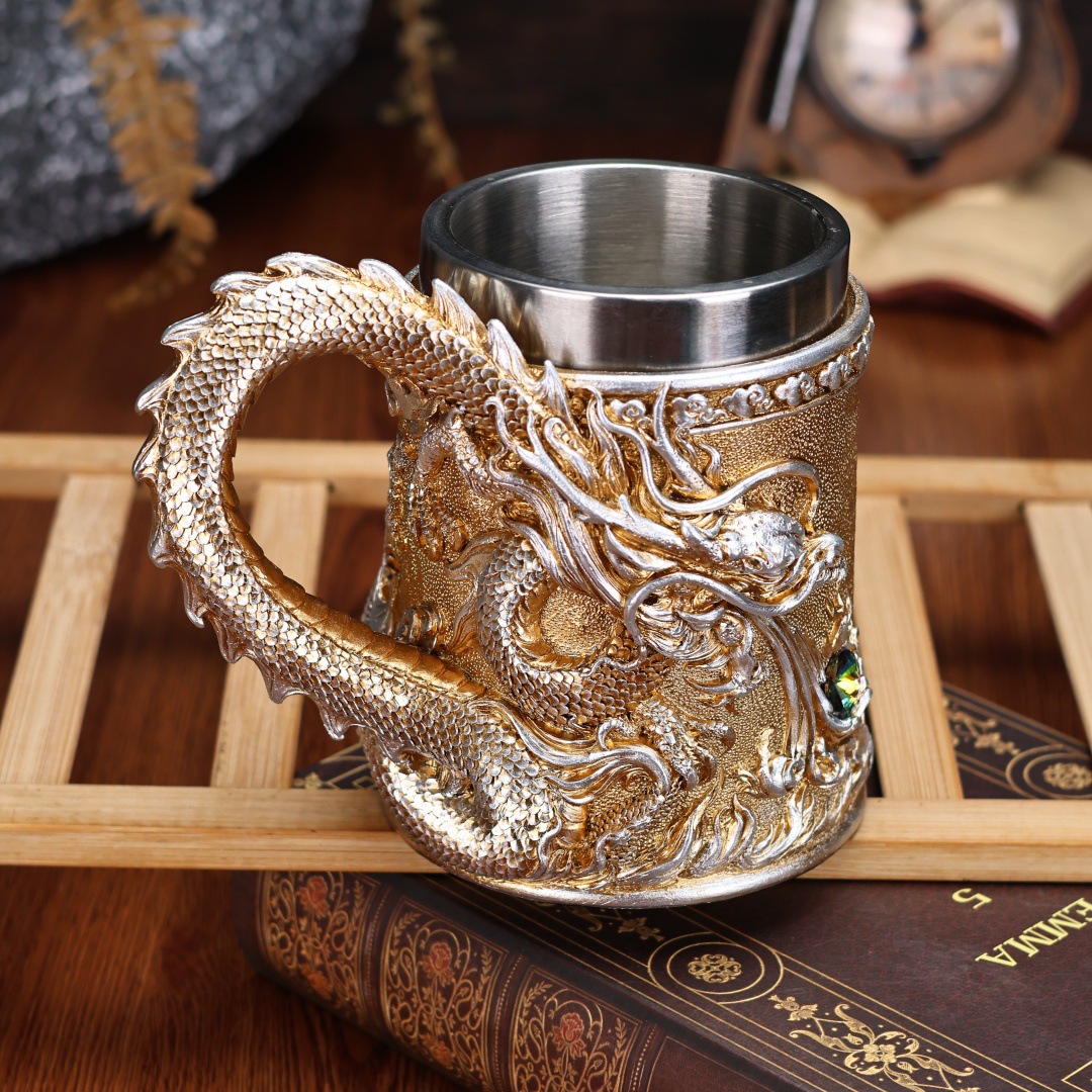 Divine Oriental Golden Dragon Cup, creative wine glass, dragon sculpture, Holy Cup, coffee cup, retro decorative mug pic 15