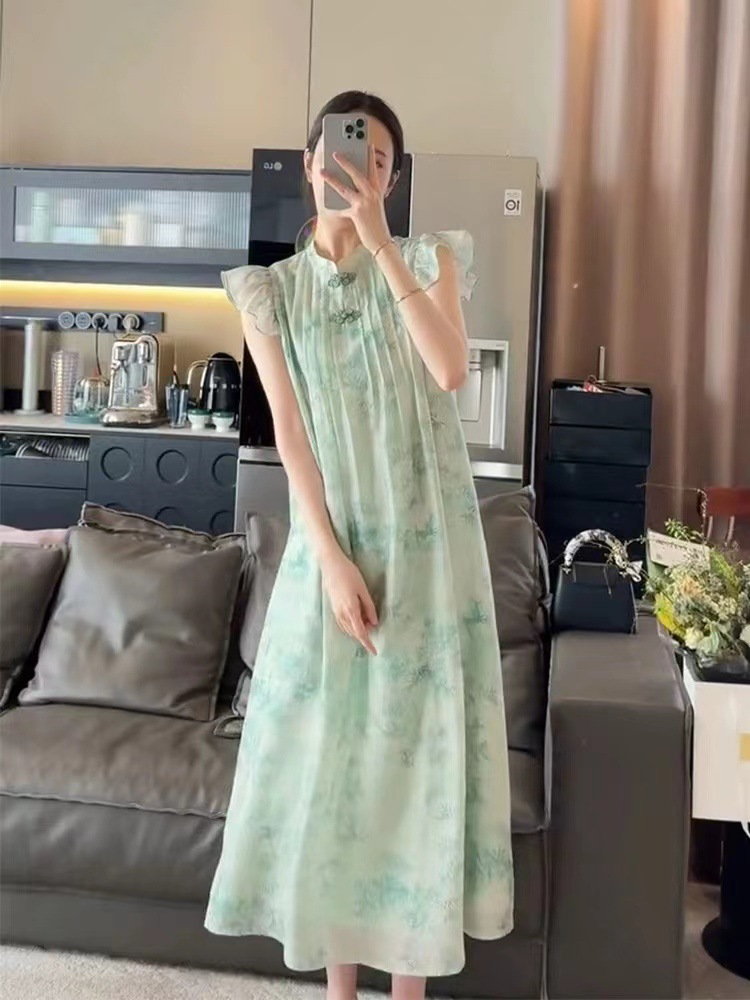 夏季新款女装新中式轻国风高端精致禅意盘扣绿色气质连衣裙子长裙详情4
