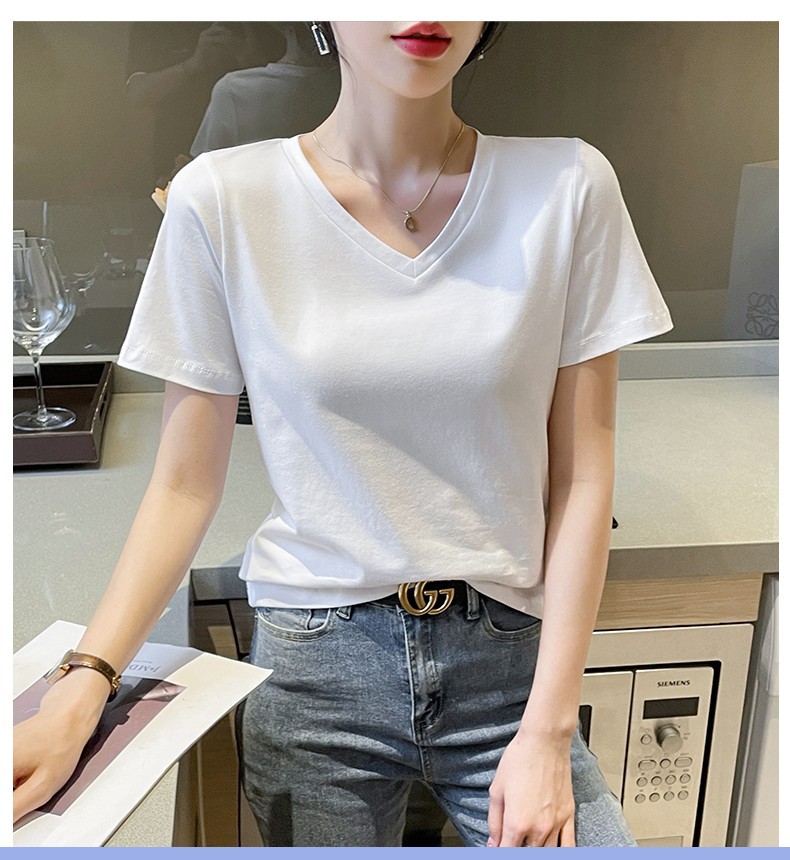 夏装宽松白色纯棉V领T恤女短袖2023新款时尚气质洋气小衫正肩体恤详情10