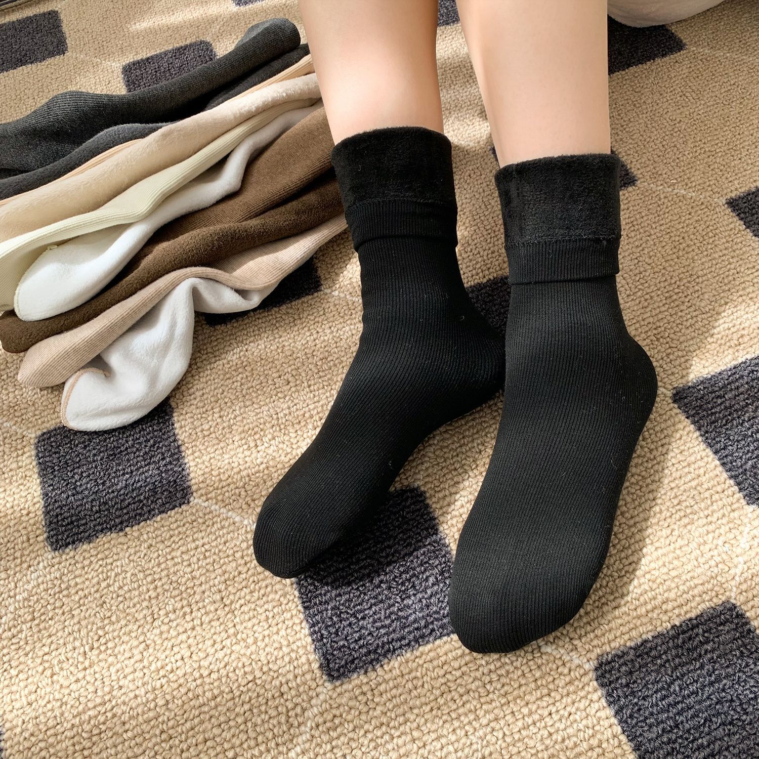 Unisex couple style fleece and thickened warm snow socks, mid-length home cotton socks, postpartum socks, floor socks pic 54