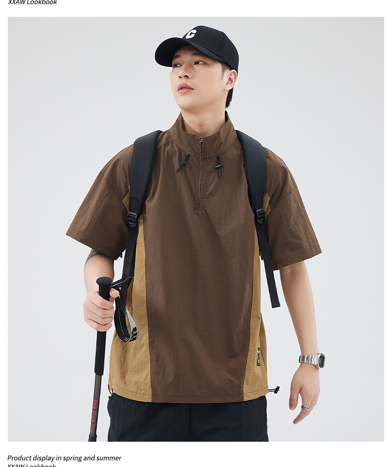 美式工装短袖t恤男士夏季大码潮牌立领拉链体恤半袖男详情11