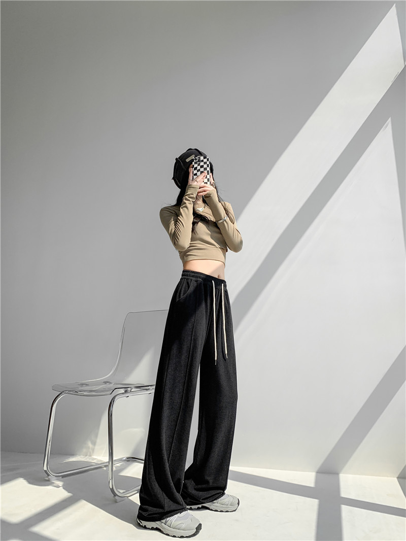 (Glutinous rice wide-leg pants) High-waisted, sagging, straight-leg wide-leg floor-length pants with a design sense, grey casual pants, trendy ins pic 20
