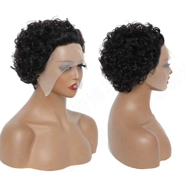African, European and American human hair wigs Real hair T-shaped 13*4 headwear short Curly lace hair pic 4