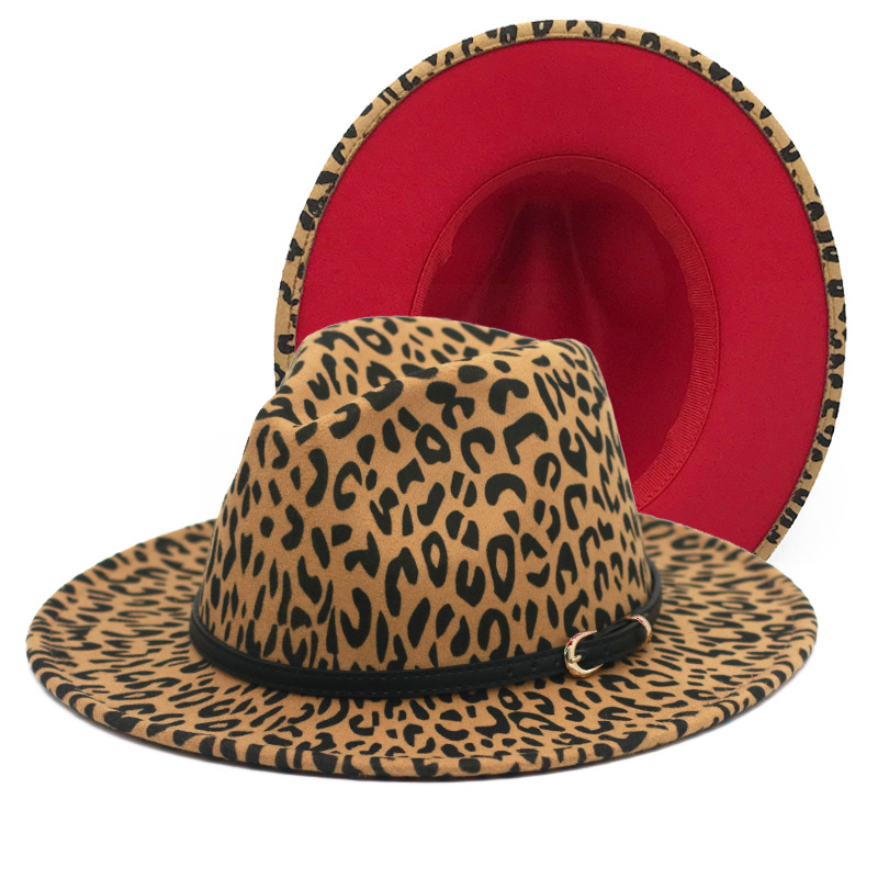 Leopard print color-blocked top hat, wide-brimmed jazz hat, black belt, woolen felt hat, leopard print bright red top hat pic 9