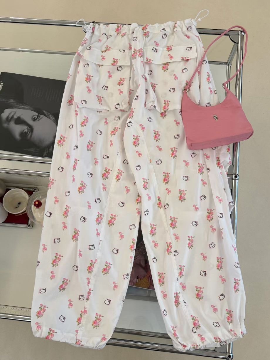 2024夏季新款小众设计卡通可爱KT猫咪印花宽松阔腿伞裤休闲直筒裤详情6
